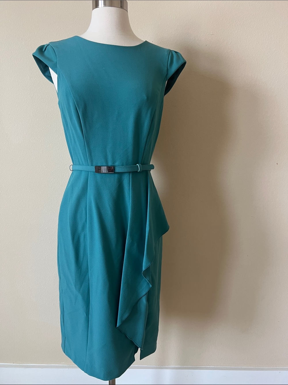 White House Black Market Teal Cap-Sleeve Sheath Dress with Side Ruffle